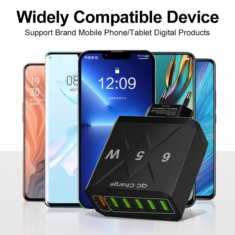 Carregador Rápido USB de 65W com 6 Portas - Adaptador de Viagem QC3.0 para iPhone 14, Samsung, Xiaomi - Plugue EU, KR, US, UK