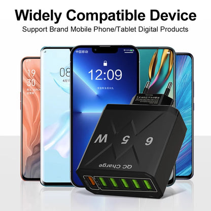 Carregador Rápido USB de 65W com 6 Portas - Adaptador de Viagem QC3.0 para iPhone 14, Samsung, Xiaomi - Plugue EU, KR, US, UK