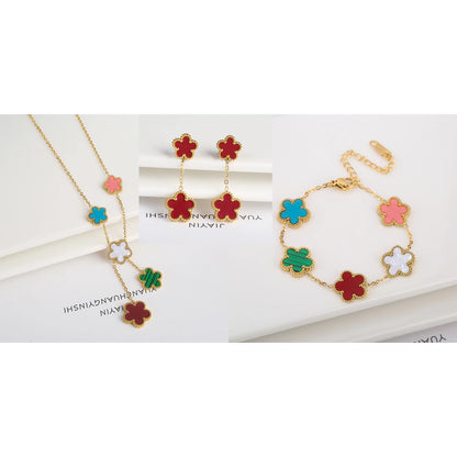 Conjunto de Joias Femininas 18k Banho de Ouro - Colar, Brincos e Pulseira com Flor de Cinco Pétalas para Festa e Uso Diário
