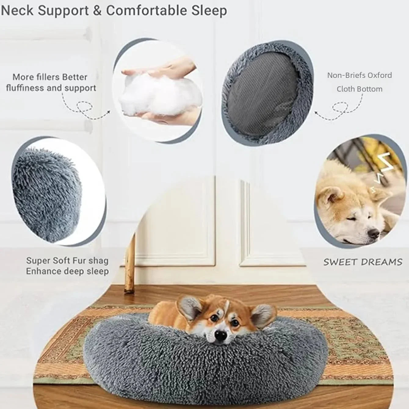 Cama Redonda para Pet 40-90cm – Cama Super Macia para Cães Grandes e Gatos, Casa para Cães de Médio Porte, Cama Aquecida de Pelúcia Longa para Inverno