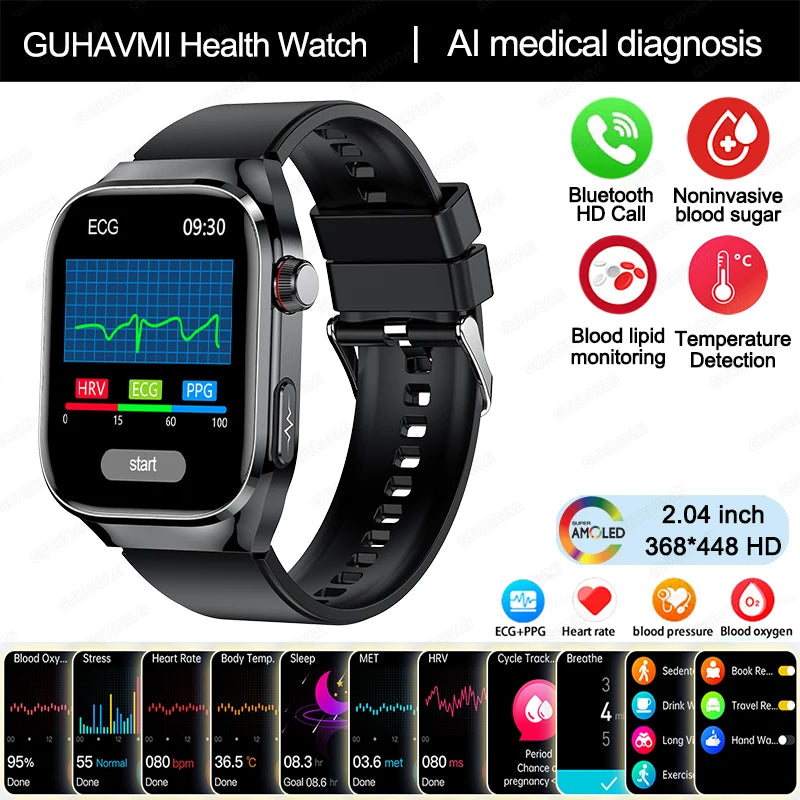 Novo Smartwatch para Homens com Monitoramento de Ácido Úrico, Gordura no Sangue, Glicose no Sangue, ECG+PPG, Pressão Arterial, Chamadas Bluetooth e Funções Esportivas - Compatível com Xiaomi