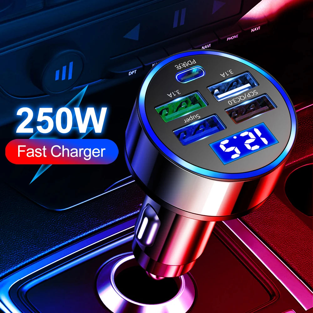 Carregador de Carro LED 250W 5 Portas com Carga Rápida PD QC3.0 e Tipo C - Carregador de Celular para iPhone, Samsung, Huawei, Xiaomi