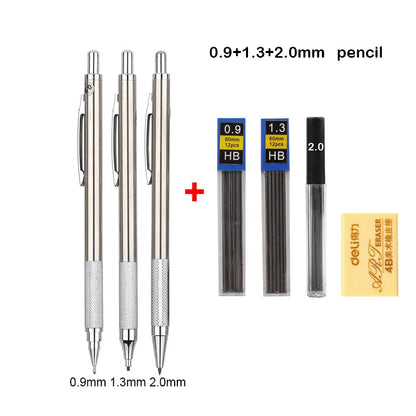 Conjunto de Lápis Mecânico 0.3, 0.5, 0.7, 0.9, 1.3, 2.0mm - Lápis Automático de Metal Completo para Desenho e Pintura com Refis para Escritório e Escola