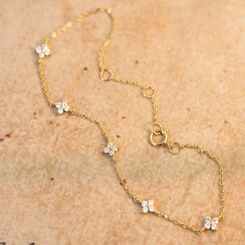 Pulseira de Prata 925 Banho de Ouro 18k com Zircônia Brilhante em Forma de Flor para Mulheres - Joias Exquisitas de Estilo Coreano