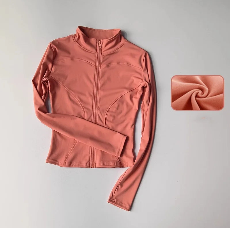 Jaqueta de Manga Longa Feminina para Esportes ao Ar Livre – Camisa Slim de Yoga com Zíper, Gola Alta, Secagem Rápida, Jaqueta de Corrida e Fitness