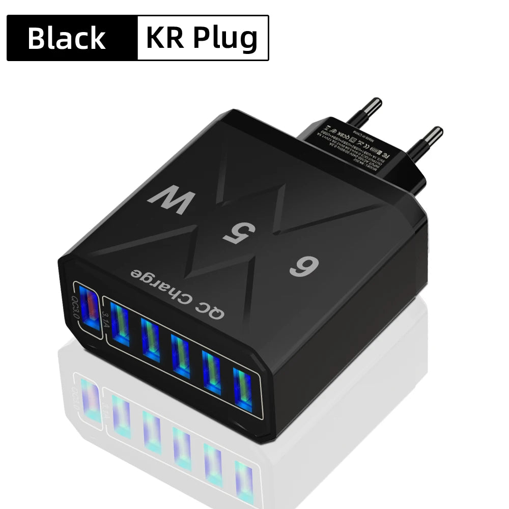 Carregador Rápido USB de 65W com 6 Portas - Adaptador de Viagem QC3.0 para iPhone 14, Samsung, Xiaomi - Plugue EU, KR, US, UK