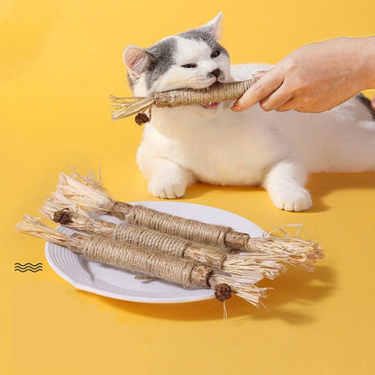 Peça de Brinquedo para Gatos - Bastão de Mastigar de Silvervine, Polygonum, Grama de Raffia, Suprimentos para Animais de Estimação, Bastão para Limpeza de Dentes, Brinquedo de Mastigar para Gatos com Corda de Cânhamo.