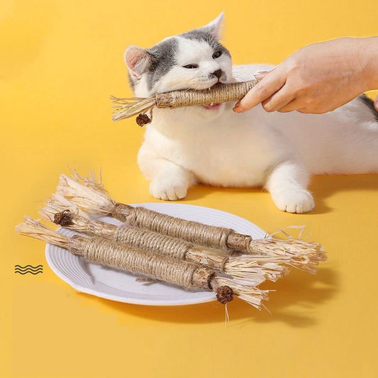 Peça de Brinquedo para Gatos - Bastão de Mastigar de Silvervine, Polygonum, Grama de Raffia, Suprimentos para Animais de Estimação, Bastão para Limpeza de Dentes, Brinquedo de Mastigar para Gatos com Corda de Cânhamo.