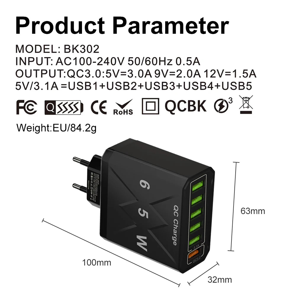 Carregador Rápido USB de 65W com 6 Portas - Adaptador de Viagem QC3.0 para iPhone 14, Samsung, Xiaomi - Plugue EU, KR, US, UK