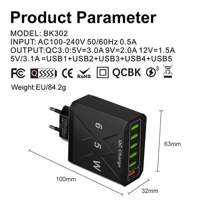 Carregador Rápido USB de 65W com 6 Portas - Adaptador de Viagem QC3.0 para iPhone 14, Samsung, Xiaomi - Plugue EU, KR, US, UK