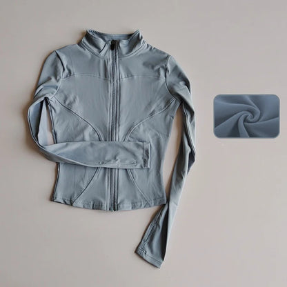 Jaqueta de Manga Longa Feminina para Esportes ao Ar Livre – Camisa Slim de Yoga com Zíper, Gola Alta, Secagem Rápida, Jaqueta de Corrida e Fitness