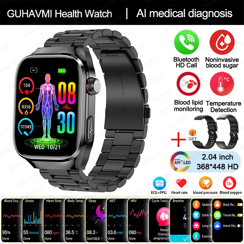 Novo Smartwatch para Homens com Monitoramento de Ácido Úrico, Gordura no Sangue, Glicose no Sangue, ECG+PPG, Pressão Arterial, Chamadas Bluetooth e Funções Esportivas - Compatível com Xiaomi