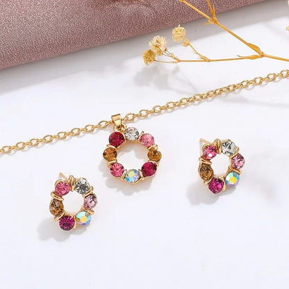 Conjunto de Colar e Brincos Ouro 3 Peças – Estilo Simples e Fashion para Mulheres, Joias Elegantes com Forma Circular de Diamante e Vidro Manchado