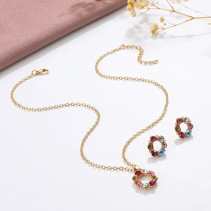 Conjunto de Colar e Brincos Ouro 3 Peças – Estilo Simples e Fashion para Mulheres, Joias Elegantes com Forma Circular de Diamante e Vidro Manchado