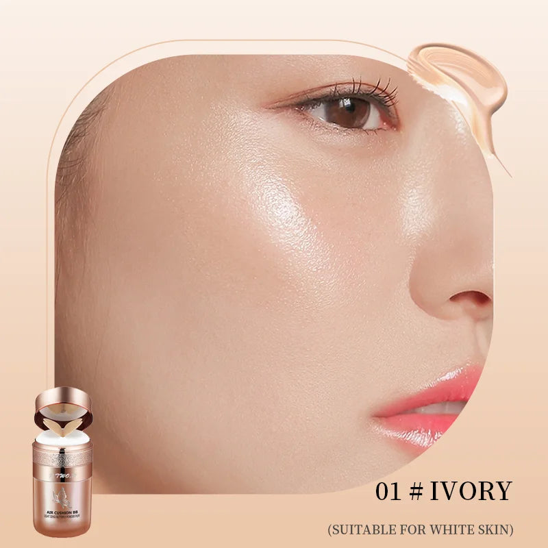 BB Cream Air Cushion com Puff de Pó em Forma de Borboleta - Hidratante, Base, Corretivo, Clareamento, Controle de Oleosidade, Maquiagem à Prova d'Água