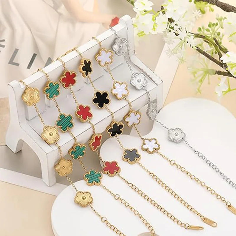 Pulseiras Femininas Lucky Clover, Flores Dupla Face, Joias de Presente, Pulseira de Aço Inoxidável, Pulseiras Banho de Ouro para Homens