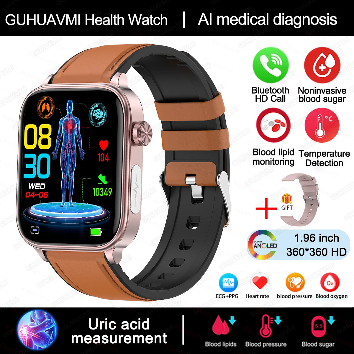 Novo Smartwatch para Homens com Diagnóstico Médico AI - Monitoramento de Lipídios no Sangue, Ácido Úrico, Glicose no Sangue, ECG+PPG, Chamadas Bluetooth, e Funções de Saúde