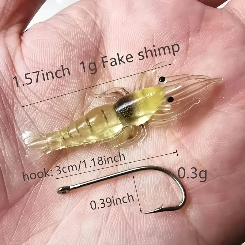 Conjunto de 5/10/20 Iscas de Camarão Goture – Iscas Macias para Pesca de Camarão para Água Doce e Salgada, Isca Luminescente com Gancho Afiado e Pérola