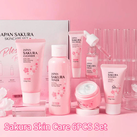 Kit de Cuidados com a Pele Sakura – 6 Peças para o Rosto (Creme Facial, Sérum, Tônico, Limpeza Facial, Protetor Solar, Creme para os Olhos