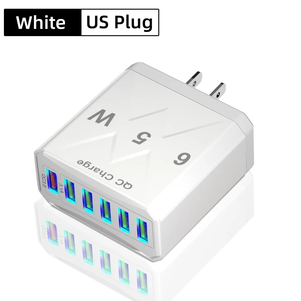Carregador Rápido USB de 65W com 6 Portas - Adaptador de Viagem QC3.0 para iPhone 14, Samsung, Xiaomi - Plugue EU, KR, US, UK