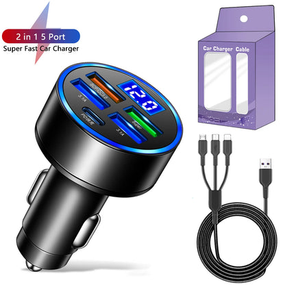 Carregador de Carro LED 250W 5 Portas com Carga Rápida PD QC3.0 e Tipo C - Carregador de Celular para iPhone, Samsung, Huawei, Xiaomi