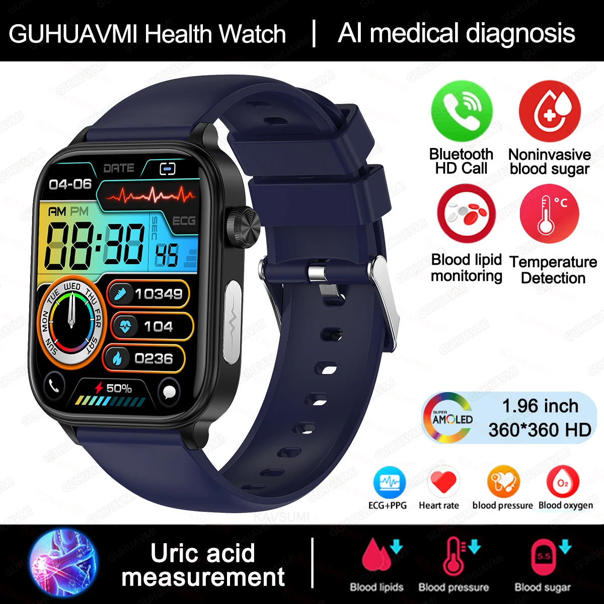 Novo Smartwatch para Homens com Diagnóstico Médico AI - Monitoramento de Lipídios no Sangue, Ácido Úrico, Glicose no Sangue, ECG+PPG, Chamadas Bluetooth, e Funções de Saúde
