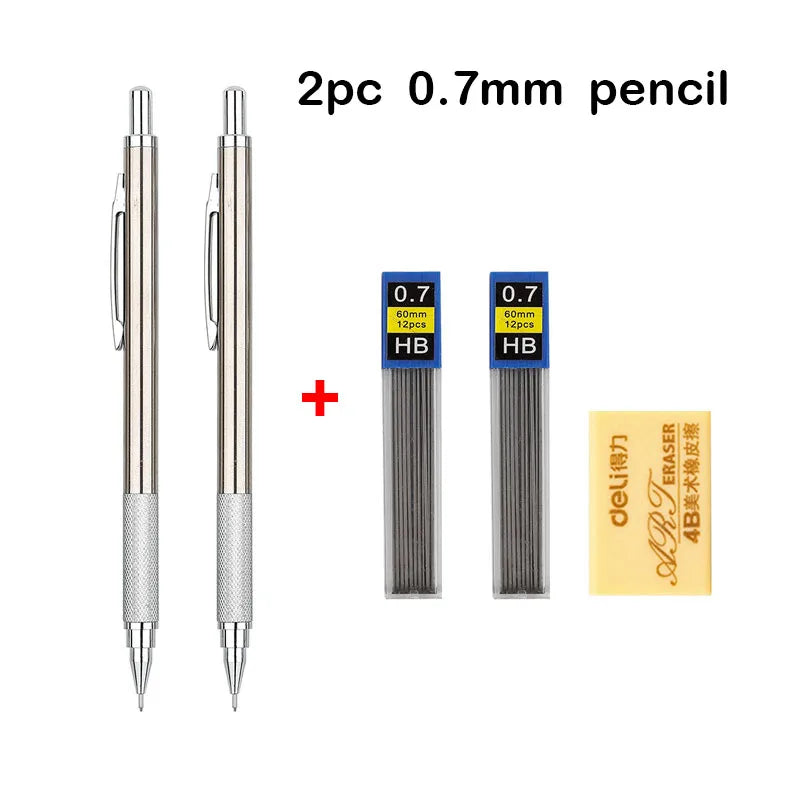 Conjunto de Lápis Mecânico 0.3, 0.5, 0.7, 0.9, 1.3, 2.0mm - Lápis Automático de Metal Completo para Desenho e Pintura com Refis para Escritório e Escola