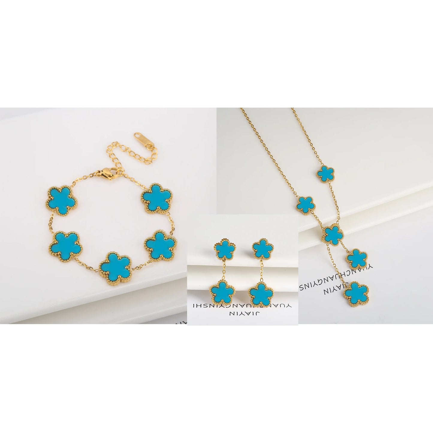Conjunto de Joias Femininas 18k Banho de Ouro - Colar, Brincos e Pulseira com Flor de Cinco Pétalas para Festa e Uso Diário