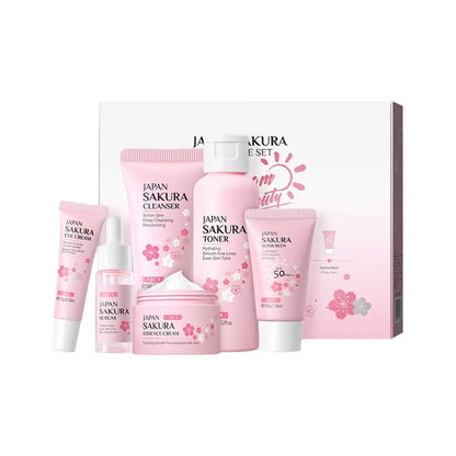 Kit de Cuidados com a Pele Sakura – 6 Peças para o Rosto (Creme Facial, Sérum, Tônico, Limpeza Facial, Protetor Solar, Creme para os Olhos