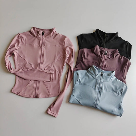 Jaqueta de Manga Longa Feminina para Esportes ao Ar Livre – Camisa Slim de Yoga com Zíper, Gola Alta, Secagem Rápida, Jaqueta de Corrida e Fitness