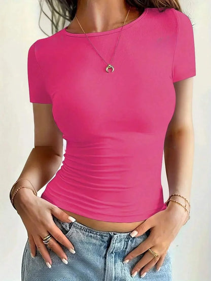 Camiseta Feminina Básica, Decote Redondo, Manga Curta e Cropped - Tendência Y2K 2024