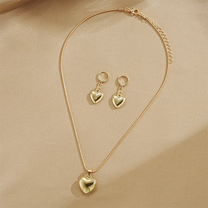 Conjunto de Joias para Mulheres - Brinco e Colar com Coração Dangle, Banho de Ouro Fosco, Simples e Elegante, para Uso Diário