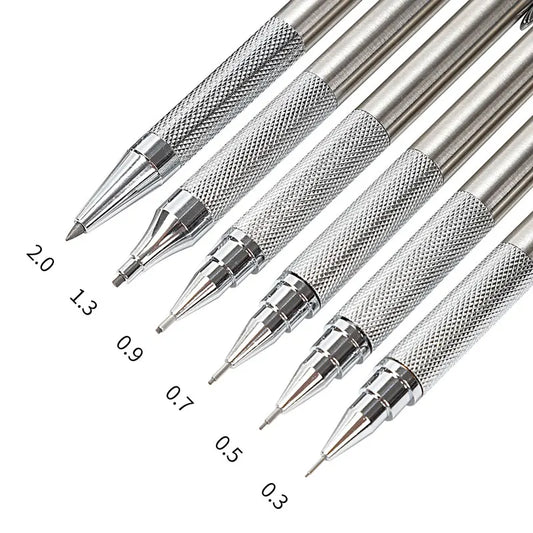 Conjunto de Lápis Mecânico 0.3, 0.5, 0.7, 0.9, 1.3, 2.0mm - Lápis Automático de Metal Completo para Desenho e Pintura com Refis para Escritório e Escola