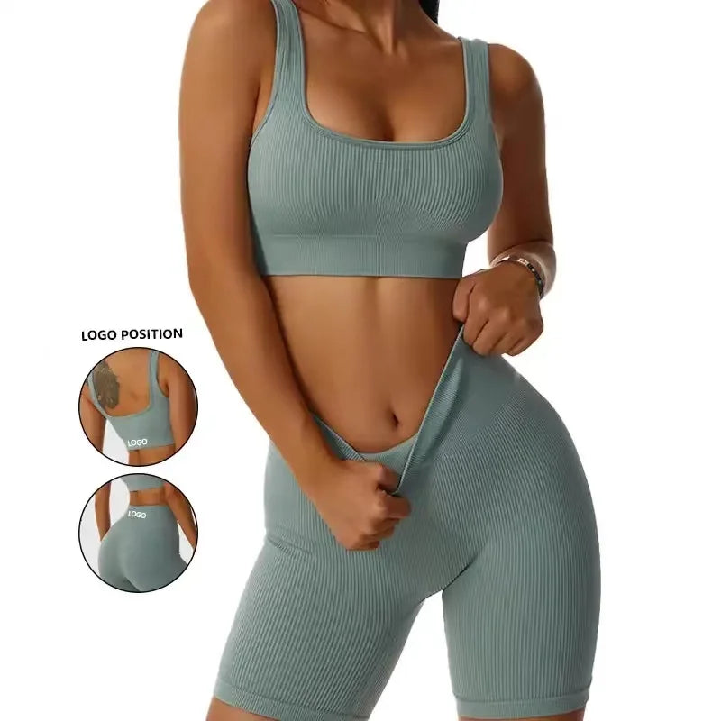 Conjunto de esporte de ioga com nervuras para mulheres sem costura Crop Top Bra Shorts Conjunto de ioga