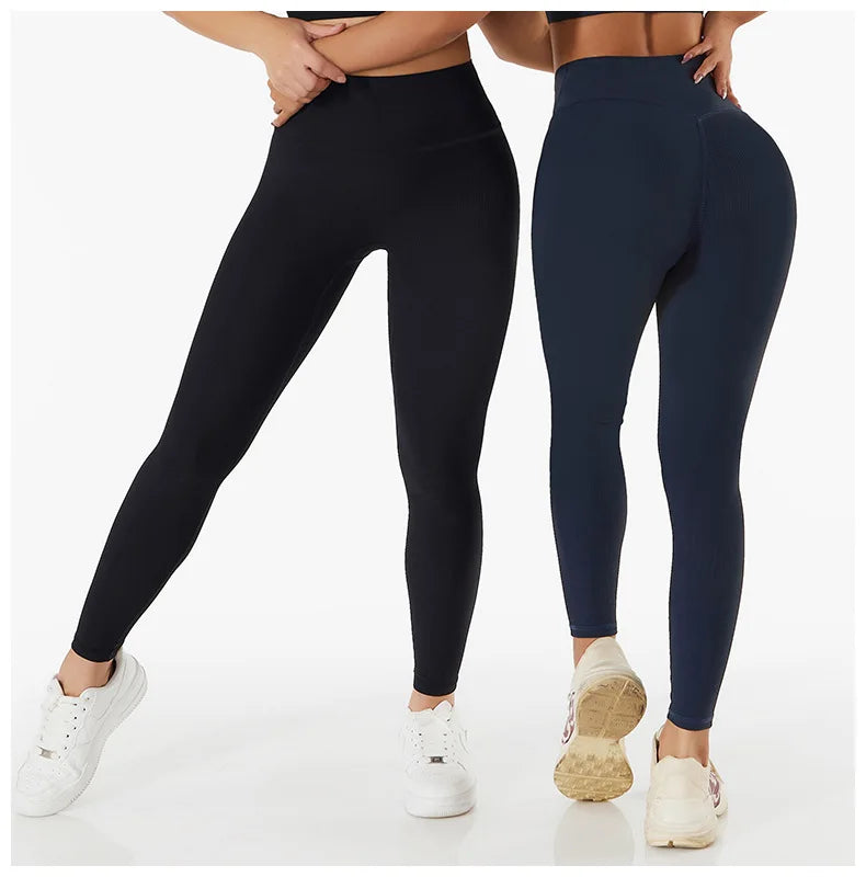 Novo Legging de Yoga Seamless com Canelado e Cintura Alta - Calça de Ginástica para Mulheres, Controle de Barriga, Legging Fitness Feminina para Corrida