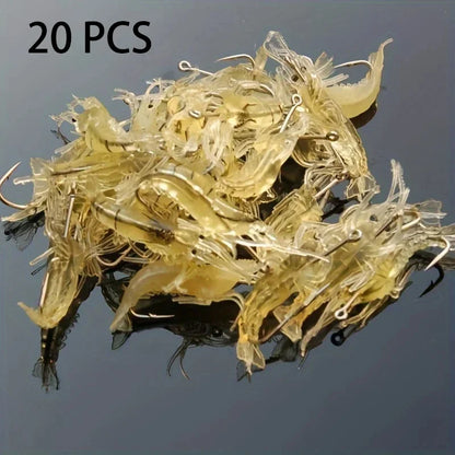 Conjunto de 5/10/20 Iscas de Camarão Goture – Iscas Macias para Pesca de Camarão para Água Doce e Salgada, Isca Luminescente com Gancho Afiado e Pérola