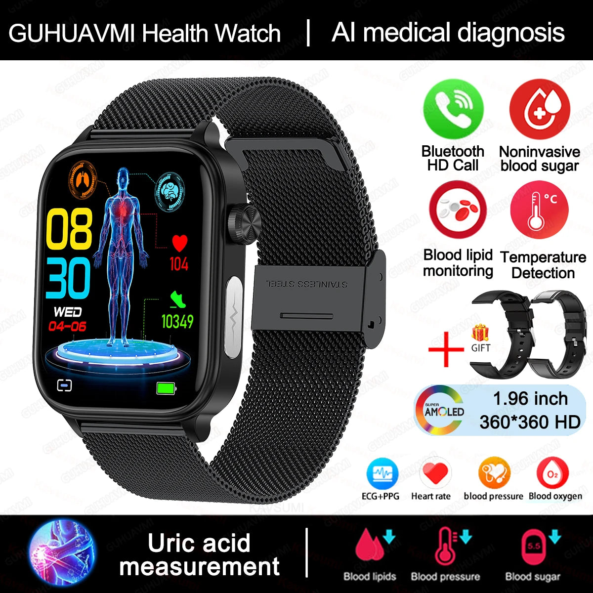 Novo Smartwatch para Homens com Diagnóstico Médico AI - Monitoramento de Lipídios no Sangue, Ácido Úrico, Glicose no Sangue, ECG+PPG, Chamadas Bluetooth, e Funções de Saúde