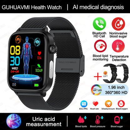 Novo Smartwatch para Homens com Diagnóstico Médico AI - Monitoramento de Lipídios no Sangue, Ácido Úrico, Glicose no Sangue, ECG+PPG, Chamadas Bluetooth, e Funções de Saúde