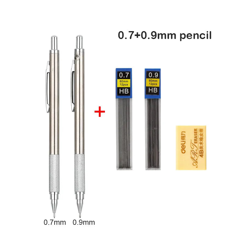 Conjunto de Lápis Mecânico 0.3, 0.5, 0.7, 0.9, 1.3, 2.0mm - Lápis Automático de Metal Completo para Desenho e Pintura com Refis para Escritório e Escola