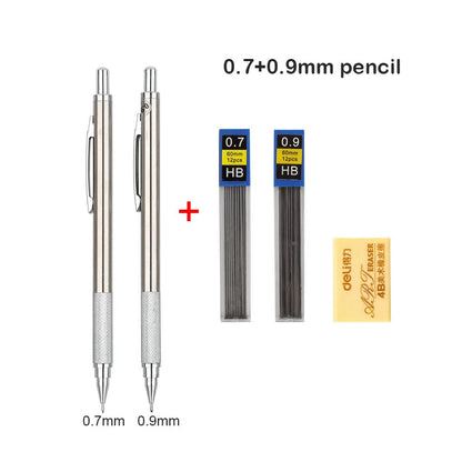 Conjunto de Lápis Mecânico 0.3, 0.5, 0.7, 0.9, 1.3, 2.0mm - Lápis Automático de Metal Completo para Desenho e Pintura com Refis para Escritório e Escola