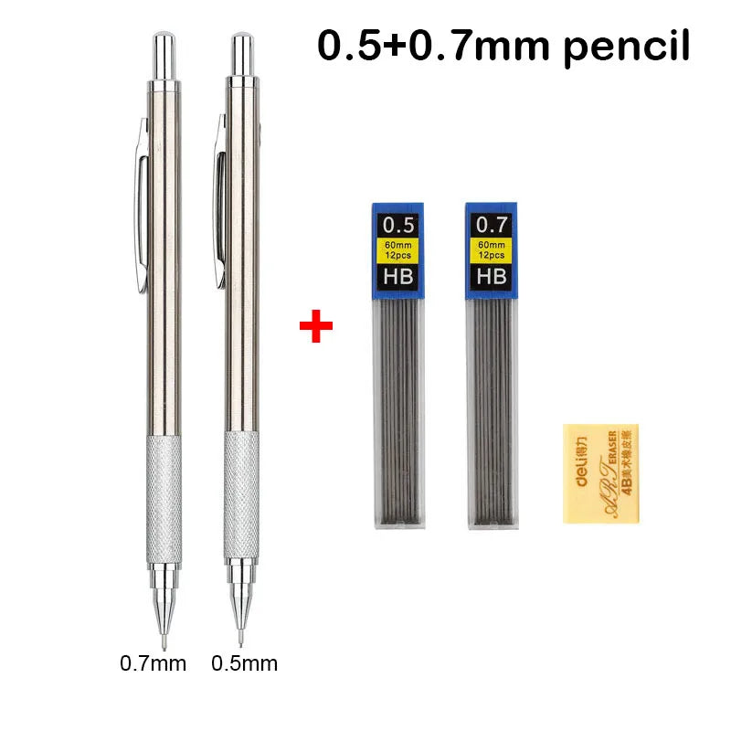 Conjunto de Lápis Mecânico 0.3, 0.5, 0.7, 0.9, 1.3, 2.0mm - Lápis Automático de Metal Completo para Desenho e Pintura com Refis para Escritório e Escola