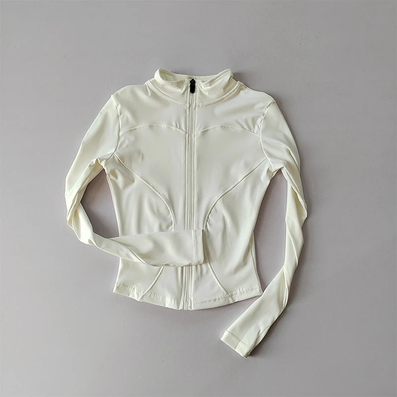 Jaqueta de Manga Longa Feminina para Esportes ao Ar Livre – Camisa Slim de Yoga com Zíper, Gola Alta, Secagem Rápida, Jaqueta de Corrida e Fitness