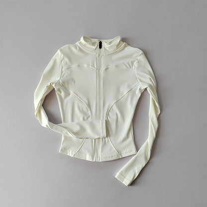 Jaqueta de Manga Longa Feminina para Esportes ao Ar Livre – Camisa Slim de Yoga com Zíper, Gola Alta, Secagem Rápida, Jaqueta de Corrida e Fitness
