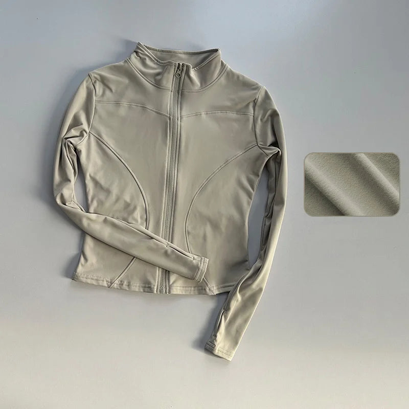 Jaqueta de Manga Longa Feminina para Esportes ao Ar Livre – Camisa Slim de Yoga com Zíper, Gola Alta, Secagem Rápida, Jaqueta de Corrida e Fitness