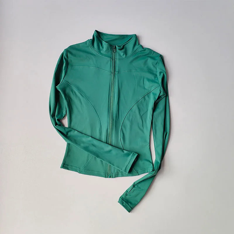Jaqueta de Manga Longa Feminina para Esportes ao Ar Livre – Camisa Slim de Yoga com Zíper, Gola Alta, Secagem Rápida, Jaqueta de Corrida e Fitness