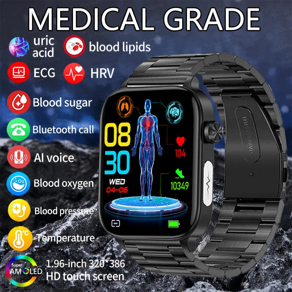 Novo Smartwatch para Homens com Diagnóstico Médico AI - Monitoramento de Lipídios no Sangue, Ácido Úrico, Glicose no Sangue, ECG+PPG, Chamadas Bluetooth, e Funções de Saúde