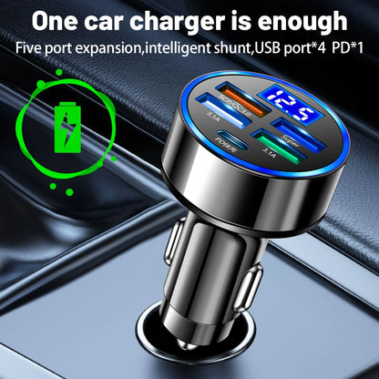 Carregador de Carro LED 250W 5 Portas com Carga Rápida PD QC3.0 e Tipo C - Carregador de Celular para iPhone, Samsung, Huawei, Xiaomi