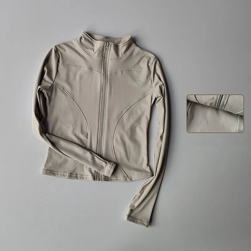 Jaqueta de Manga Longa Feminina para Esportes ao Ar Livre – Camisa Slim de Yoga com Zíper, Gola Alta, Secagem Rápida, Jaqueta de Corrida e Fitness