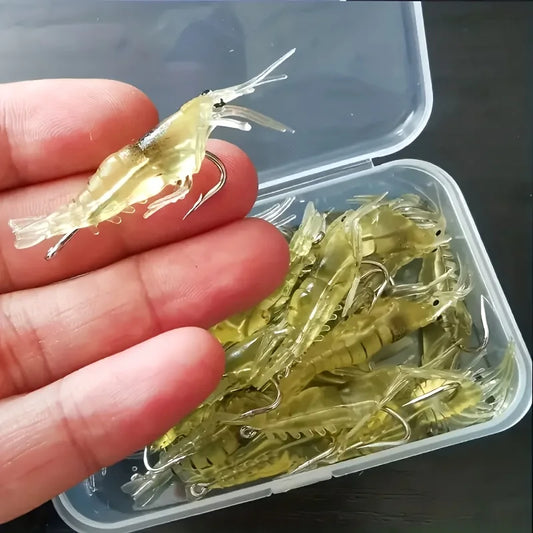 Conjunto de 5/10/20 Iscas de Camarão Goture – Iscas Macias para Pesca de Camarão para Água Doce e Salgada, Isca Luminescente com Gancho Afiado e Pérola