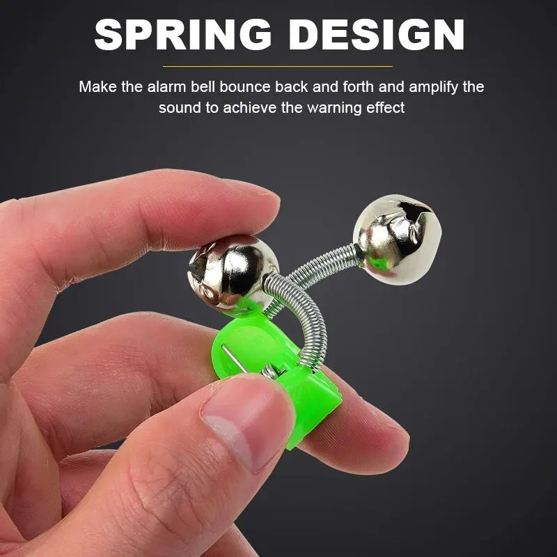 Conjunto de 5 Peças de Alarme de Mordida para Pesca – Sino para Vara de Pesca, Clipes de Ponta, Anel Verde de ABS, Acessório de Pesca ao Ar Livre com Detalhes Metálicos